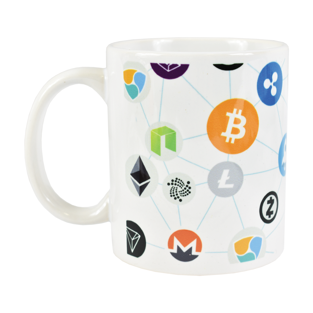 Ceramic mug with most popular cryptocurrencies  logo