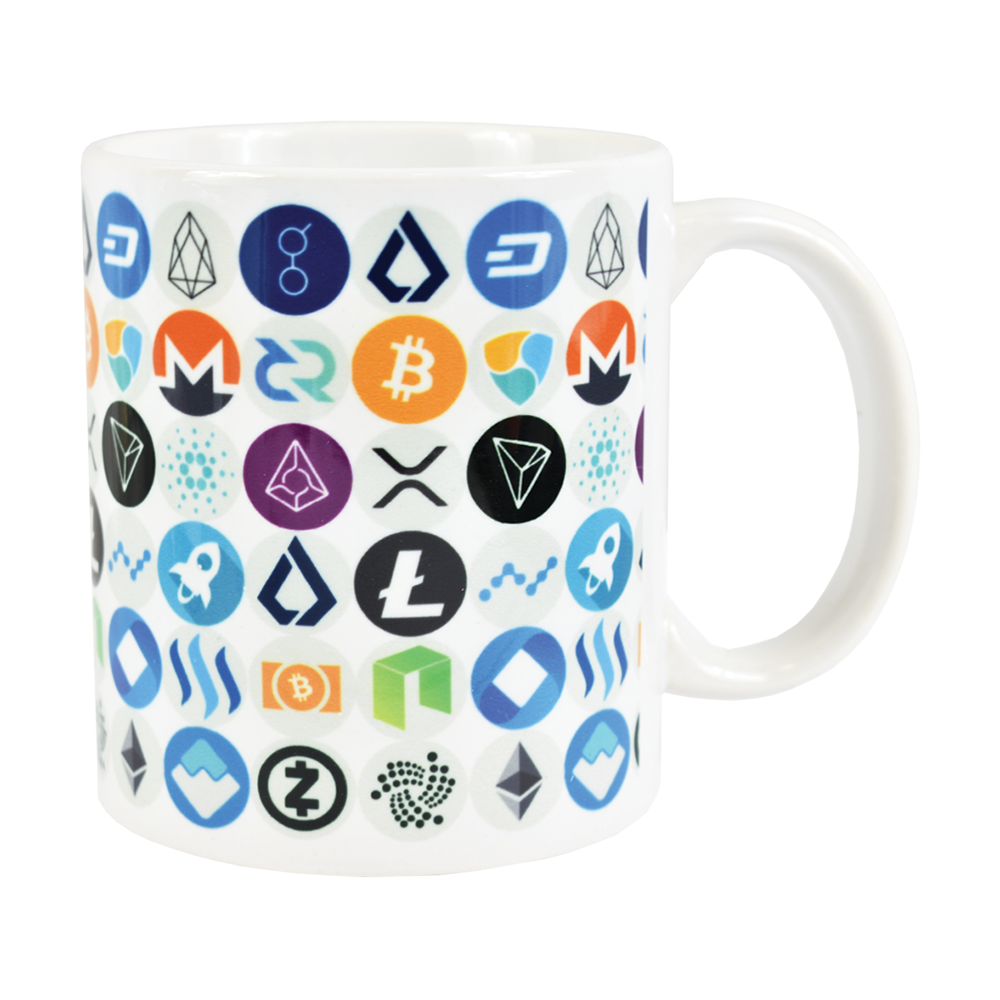 Ceramic mug with most popular cryptocurrencies  logo