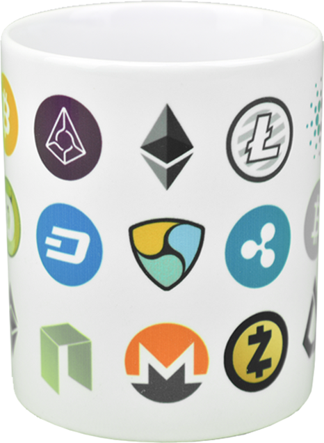 Ceramic mug with the most popular cryptocurrencies  logo